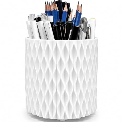 Lebenrich Rotating Pen Holder for Desk, 5 Slots Easthetic Pencil holder Desk Organizer Supplies and Accessories for Women Girls, Pencil Cup for Office Home Art Supply, White - color: White