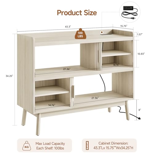 ONBRILL 44" Sideboard Buffet Cabinet with Outlet/Sliding Door Natural White - color: Natural White, size: 44"