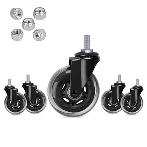 Hirate 3 inch Office Chair Casters Wheel with 3/8"-16UNC Threaded Stem | Set of 5 with Nylon Nuts, Heavy Duty, Desk Gaming Chair Caster Replacement, Smooth & Quiet Rolling for Hardwood Floors - size: 3 inches