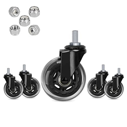 Hirate 3 inch Office Chair Casters Wheel with 3/8"-16UNC Threaded Stem | Set of 5 with Nylon Nuts, Heavy Duty, Desk Gaming Chair Caster Replacement, Smooth & Quiet Rolling for Hardwood Floors - size: 3 inches