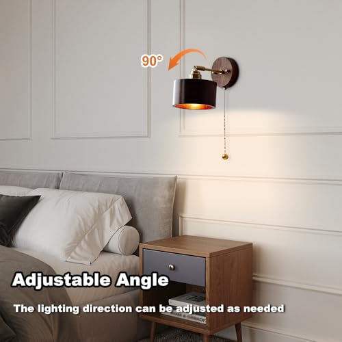 Wood Wall Sconce with Pull Chain Adjustable Swing Arm Natural Or Walnut Wood Cylinder Shade Brass Accent Wall Lamp for Bedroom Living Room Hallway Reading Nook(Walnut) - color: Walnut