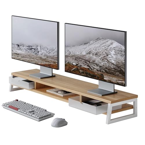 Fenge Dual Monitor Stand Riser, 42.5in Desk Shelf with 2 Drawers, Dark Oak - color: Dark Oak