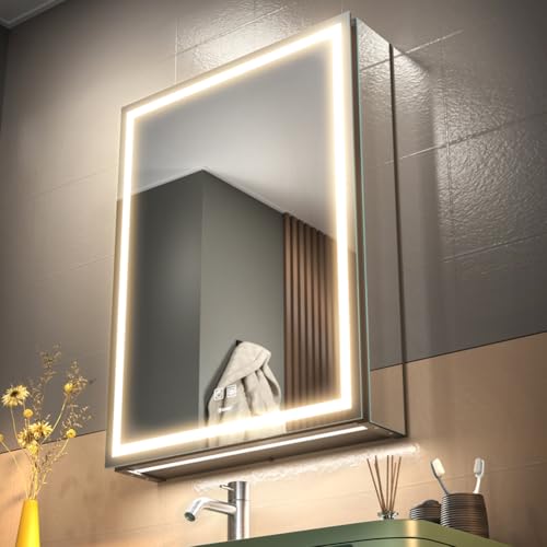 GANPE LED Lighted Bathroom Medicine Mirror Cabinet with Sockets & USBs, Anti-Fog Dimmable Light and Color Adjustment, Easy to Install Aluminum Cabinet (20 * 28 Left Hinge) - color: 20*28 Left Hinge
