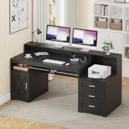 65" Farmhouse Computer Desk with Drawers and Printer Stand for Home Office - color: Black