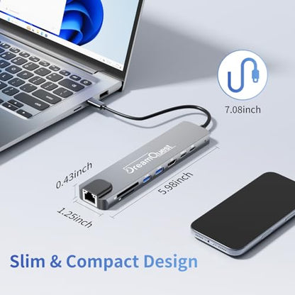 8-in-1 Laptop Docking Station USB C Hub with 4K HDMI & 100W PD | Aluminum 8-in-1 USB C Hub with USB 3.0(5Gbps), USB 2.0, USB-C, Ethernet, SD/TF Card Reader for Laptop MacBook