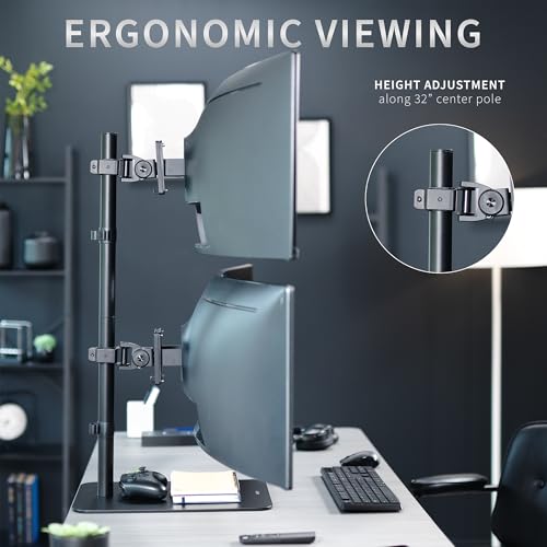 VIVO Freestanding Dual Vertically Stacked Ultra-Wide Monitor Desk Stand, Extra Tall Heavy Duty Adjustable Mount for 2 Ultrawide Screens up to 49 inches, 44 lbs Per Screen Capacity, Black, STAND-V202L - size: Up to 49", style: Steel Base