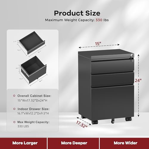 Bonusall 【Fully Assembled 3 Drawer File Cabinet with Lock, Small Under Desk Filing Cabinet for Home Office, Fully Assembled Metal Rolling Storage Fits A4/Letter/Legal, Black