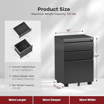 Bonusall 【Fully Assembled 3 Drawer File Cabinet with Lock, Small Under Desk Filing Cabinet for Home Office, Fully Assembled Metal Rolling Storage Fits A4/Letter/Legal, Black