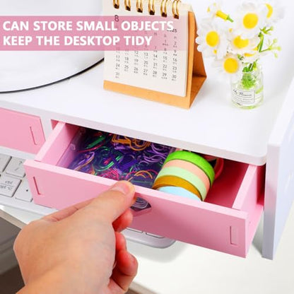 Pink Monitor Riser, Space-Saving Elevated Stand with Smooth Edges for Keyboard Storage, Ergonomic Desktop Organizer for Home & Office, 19.29x7.48x3.93In