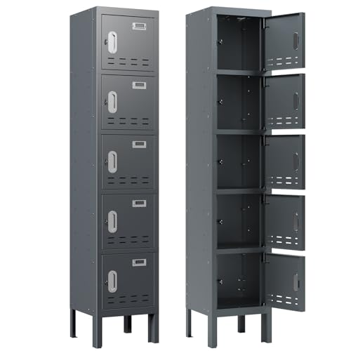 BUTISOW Metal Storage Locker with Lock & Card Slot Locker - Secure Lockable Door - Steel Locker for School, Office, Gym, Home - 66.15" H x 11.8" W x 11.8" (5 Door, Grey) - color: Grey, size: 5 Door - (66.15" H x 11.8" W x 11.8" D)