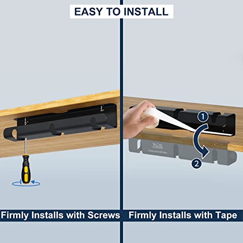 Qiyuan Under Desk Cable Management Tray, 2-Pack No-Drill 16" Cord Organizer | for Standing Desk or Table, Power Strip Holder, Cable Hider, Holds 15lbs, Clamp & Adhesive Mount, Indoor Outdoor, Aluminum