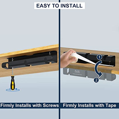 Qiyuan Under Desk Cable Management Tray, 2-Pack No-Drill 16" Cord Organizer | for Standing Desk or Table, Power Strip Holder, Cable Hider, Holds 15lbs, Clamp & Adhesive Mount, Indoor Outdoor, Aluminum