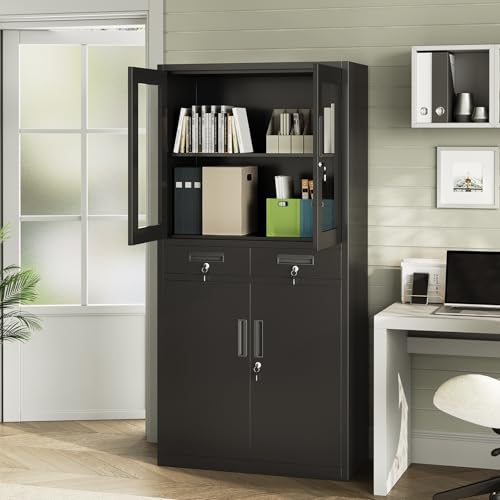 71" Black Metal Storage Cabinet with Glass Doors, Garage Storage with 2 Drawers + 2 Adjustable Shelves, Heavy Duty Tool Cabinet with Locking Doors for School, Workshop, Office, Black - size: Without wheels