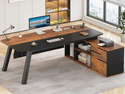 SEDETA 71" L Shaped Executive Desk with File Cabinet & Power Outlet - color: Brown