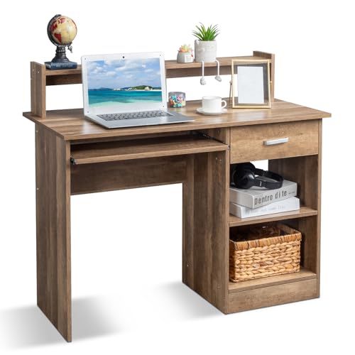 Karl home Computer Desk Study Writing Desk, Wooden Home Office Workstation PC Laptop Table with Drawer Shelf Keyboard Tray, Brown - color: Brown, size: with Keyboard 1