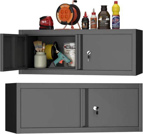 GREATMEET Metal Wall Cabinet with Lock and Doors (Black, 13" H) | Garage Storage Cabinet, Wall Mount Cabinets for RV, Shop - color: Black, size: 12.8"H