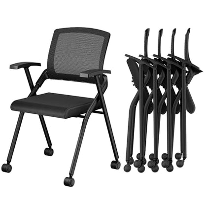 Folding Office Chair with Wheels & Cushion, Stackable Chair with Breathable Mesh Back for Conference Guest Reception, Seminar Training Classroom - color: Folding Chair With Wheels