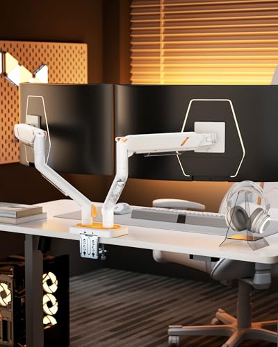 ARES WING 17-45 Inch Monitor Arm Ultrawide Dual Monitor Mount, White | Heavy Duty Mechanical Spring Monitor Stand Adjustable Arms Holds up to 44lbs, 75/100 VESA Mount with Clamp/Grommet Base - color: White, style: Non RGB