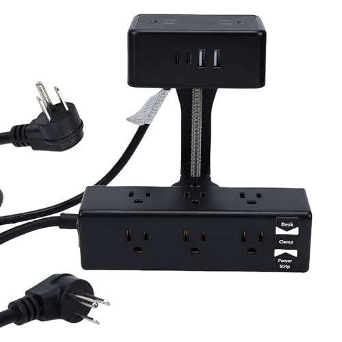 Fafeicy Dual Layer Desk Clamp Power Strip 13 AC Outlets 4 USB Ports 1500W with 2m Cord Clamp On Desktop for Home Office Organization (US Plug)