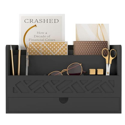 Wisuce Bamboo Mail Organizer with Drawer, Countertop Desk Organizer(Black) | Made from Natural Bamboo Multi-Compartment Design Built-In Drawer No Assembly Required - color: 1 Black