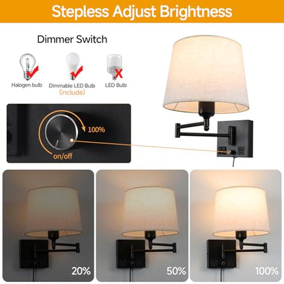Swing Arm Wall Sconce with Linen Fabric Shade, USB-A & USB-C Charging Ports, Built-in AC Outlet & Rotary Dimmer, Plug-in Adjustable Reading Wall Lamp for Bedside Bedroom Hotel