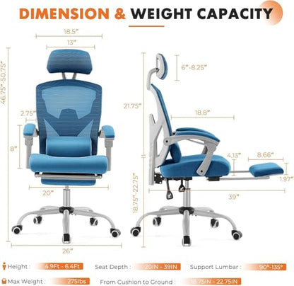 Simple Deluxe Home Office Desk Chair with Footrest, High-Back Mesh Rolling Swivel Reclining Chairs with Wheels, Comfortable Headrest, Lumbar Support, Comfy Arms - color: Blue