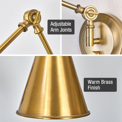 Kira Home Ellis 18" Modern Swing Arm Wall Sconce for Bedroom, 2-Pack | Cone Metal Shades, 2-in-1 Plug In or Hardwired Vintage Library Style Gold Wall Lamp, Warm Brass Finish