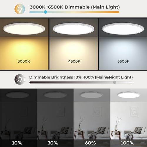 Matane 15.4in LED Flush Mount Ceiling Light Fixture with Remote, 2000K Warm Nightlight, Dimmable 3000K-6500K Low Profile Ceiling Lights for Bedroom, Living Room, 3600LM, White - color: White, size: 15.4 Inch
