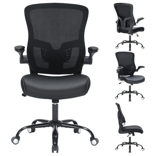 Office Chair PU Leather Cushion, Ergonomic Desk Chair with Flip-Up Arms, 300 LBS Home Office Desk Chairs Adjustable Seat Height & Lumbar Support, Executive Comfy Swivel Task Computer Chair