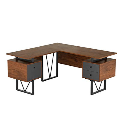 Techni Mobili Reversible L-Shaped Computer Desk with File Cabinet, Brown