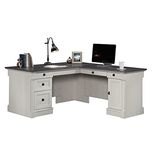 Sauder Palladia L Shaped Desk with Drawers, Office Desk with File Cabinet Storage, Cable Management, Keyboard Tray, in Glacier Oak Finish - color: Glacier Oak
