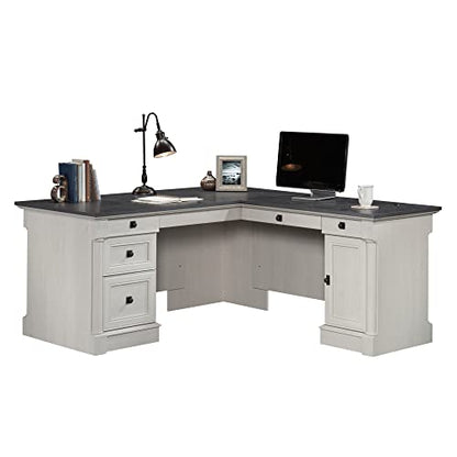Sauder Palladia L Shaped Desk with Drawers, Office Desk with File Cabinet Storage, Cable Management, Keyboard Tray, in Glacier Oak Finish - color: Glacier Oak