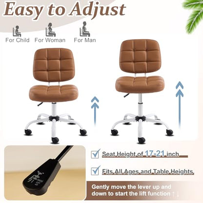 VINGLI Compact Small Desk Chair, Cute Armless Chair with Wheels, Vanity Chair with Low Back, Height Adjustable Task Chair for Small Spaces, Office, Bedroom, Make Up Room, PU Leather, Brown - color: Warm Brown