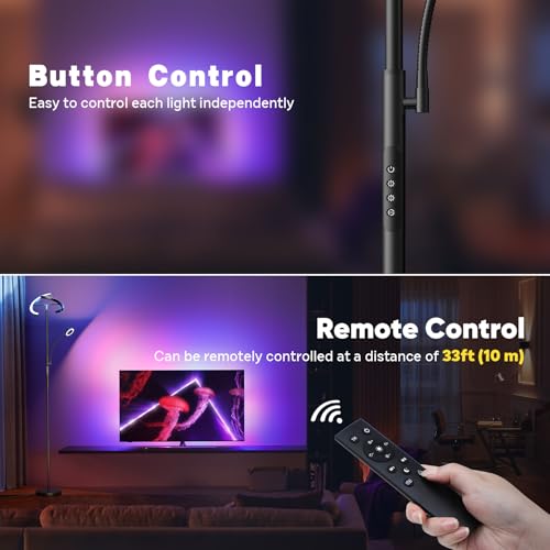 Upgraded 36W RGBCW Floor Lamp with Ring Reading Lamp, Rotatable Remote Control LED Standing Lamp Dimmable Floor Light Modern Standing Light for Living Room Bedroom Home Office, Black - color: 2-in-1 Black RGB