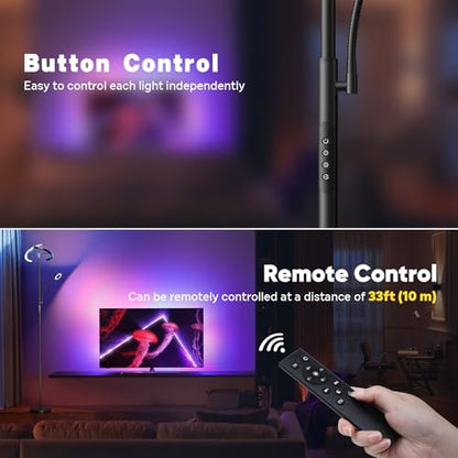 Upgraded 36W RGBCW Floor Lamp with Ring Reading Lamp, Rotatable Remote Control LED Standing Lamp Dimmable Floor Light Modern Standing Light for Living Room Bedroom Home Office, Black - color: 2-in-1 Black RGB
