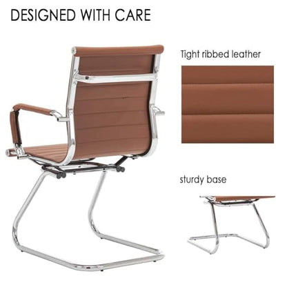 Conference Room Chairs Set of 6, Waiting Room Chairs with Arms, Faux Leather Reception Chairs No Wheels, Office Guest Chairs with Mid Back Support and Chrome Sled Base, Cafe - color: Cafe, size: 6PCS