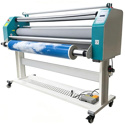 64" Full Automatic Pneumatic Laminating Machine, 110V Single Sided Laminator, 1.38" Max Thickness, Hot & Cold Roll Laminator with Foot Pedal & 4 Cutters, for Advertising, Printing, Packaging