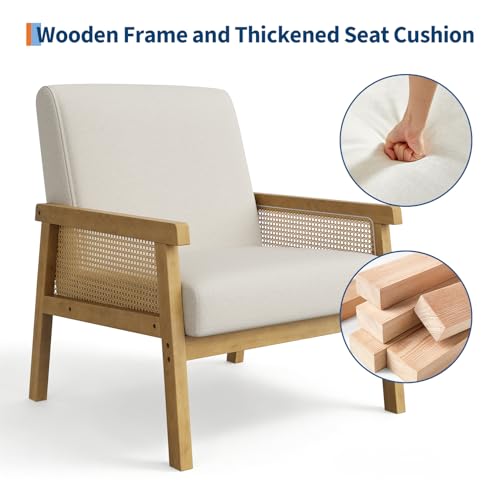 Garvee Linen Accent Chair, Rattan Armchair with Wooden Frame, High Back, Upholstered Reading Chair Leisure Chairs for Living Room Bedroom Waiting Room Reception, Beige - color: Linen, Beige