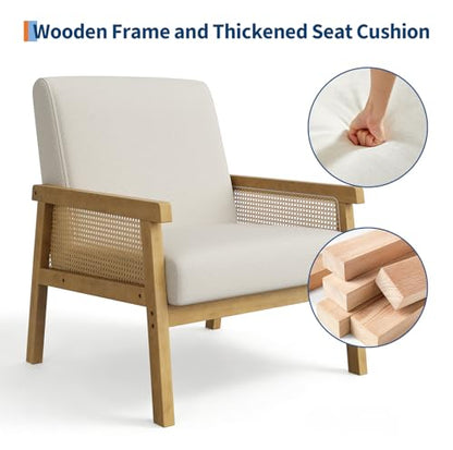 Garvee Linen Accent Chair, Rattan Armchair with Wooden Frame, High Back, Upholstered Reading Chair Leisure Chairs for Living Room Bedroom Waiting Room Reception, Beige - color: Linen, Beige