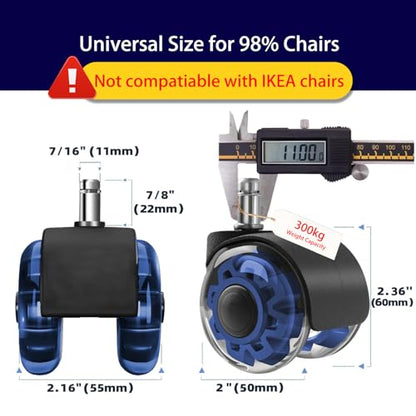 Hirate 2 inch Office Furniture Casters 7/16 inch Stem Dual Rubber Wheel - color: Blue, size: 2 inch