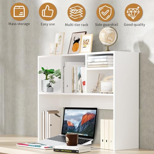 AQQHSAIN Desktop Bookshelf Wooden Desktop Hutch Storage Organizer Multipurpose Tabletop Display Rack with 4 Shelves for Computer Desk Hutch for College Dorm Office Home (White)