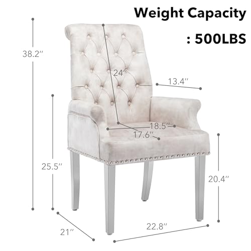 Velvet Dining Chairs with Arms, Upholstered Dining Room Chairs, Beige | Upholstered, High Back, Tufted, Luxurious, Stainless Steel Leg, for Kitchen & Dining Room - color: Beige, size: 1 PCS