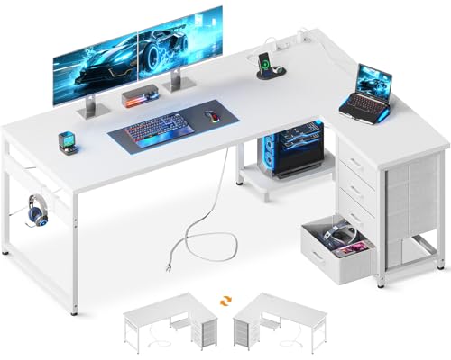 AODK 61" L Shaped Gaming Desk with 4 Drawers and Power Outlets, White | USB Ports, PC Tower Stand, Hooks, Reversible Corner Layout for Gaming Rooms, Bedrooms and Home Office - color: White, size: 61 Inch