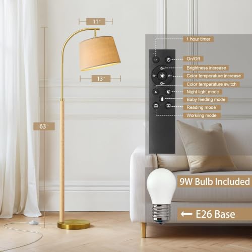 Real Wood Floor Lamps for Living Room Bedroom, 62" Mid Century Modern Lamp - color: Natural & Gold