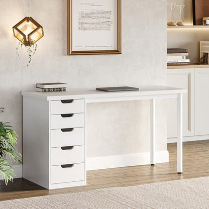 LITTLE TREE Computer Desk with 5 Drawers, 47 Inch White Modern Simple Study Writing Desk with Metal Frame, Work Desk for Home Office - color: White