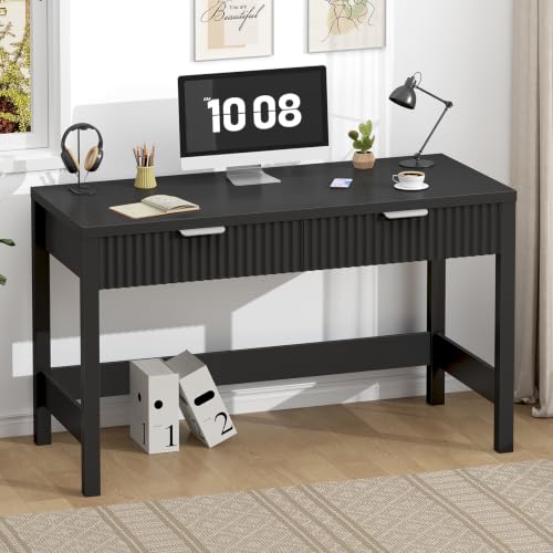 47 Inch Small Fluted Computer Desk with 2 Drawers for Bedroom, Home Office - color: Black, size: 47 Inch Desk