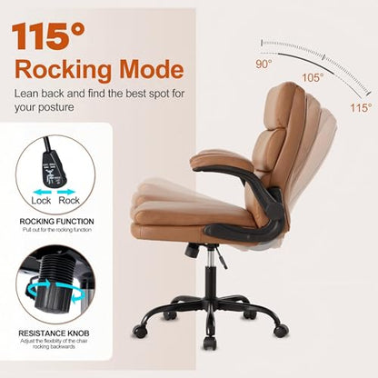 Mid Back Office Desk Chair,Leather Conference Room Chairs,Ergonomic Home Computer Chair,Modern Executive Chair with Padded Flip-up Armrest and Swivel Wheels (Brown) - color: Brown