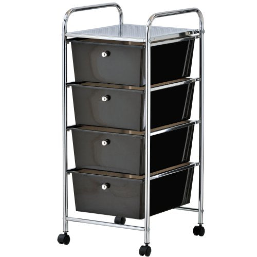 VonHaus 4 Drawer Plastic Storage Trolley, Multipurpose Storage Drawer Rolling Cart, Unit Home Office Stationery Organisation, Make-up, Beauty - Mobile Design 4 Tier Shelving and Castor Wheels - Black