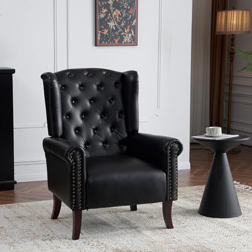 MOJAY PU Leather Accent Chair, Mid-Century Living Room Sofa Chair, Upholstered Arm Chair with Sturdy Wooden Legs, Faux Leather Club Chair for Bedroom Study Home Office Reception (Black) - color: Black, size: Set of 1