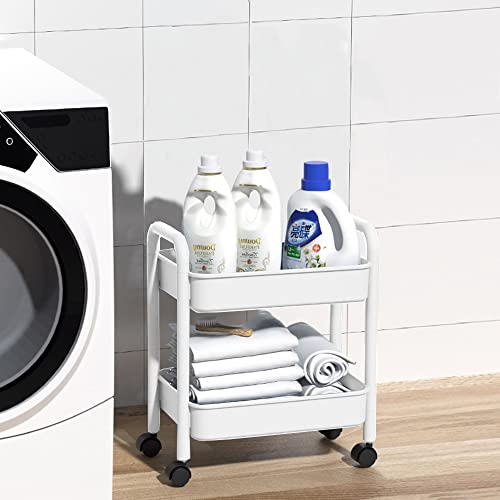 Melody House 2-Tier Utility Rolling Cart Storage Organizer Sofa Side Table with Wheels, Under Desk Mobile Trolley Organizer with Handle for Office Home Kitchen Organization, White - color: B- White